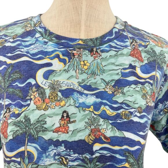 Le Superbe Fringed Tee Shirt Short Sleeve Hawaiian Print‎ Blue Size Small - Picture 5 of 10